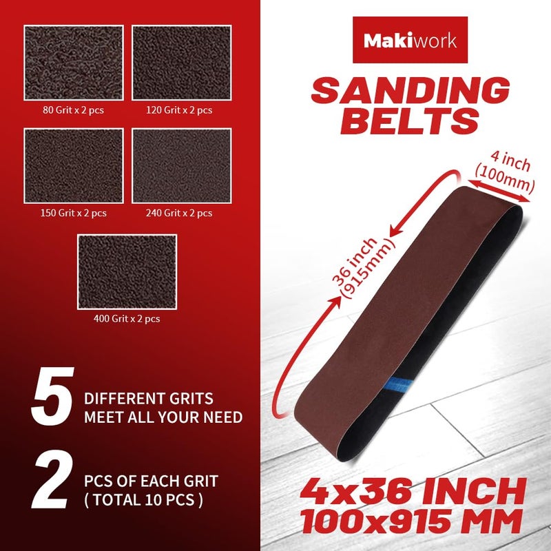 makiwork Sanding Belts & PSA Sanding Discs Set - 10 Pack 4x36 Inch Aluminum Oxide Belts (80/120/150/240/400 Grit) and 18 Pack 6-Inch Self-Adhesive Discs (80/100/120/180/240/400 Grit) for Wood, Metal Polishing - Image 2